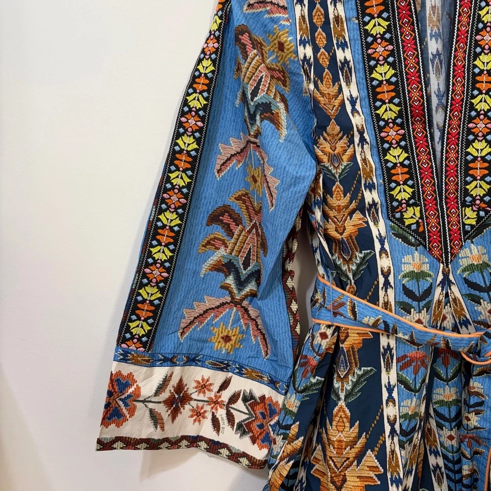 Farm Rio Embroidered Tapestry Organic Cotton Blue Boho Mini Dress with Belt - Picture 7 of 10